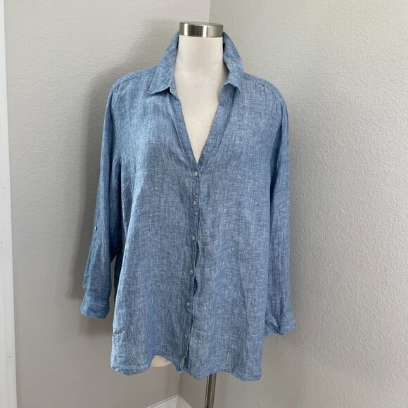 Sigrid Olsen Womens Plus 2X Blue 100% Linen Button Up Shirt Roll Tab Sleeve Top - Picture 1 of 10